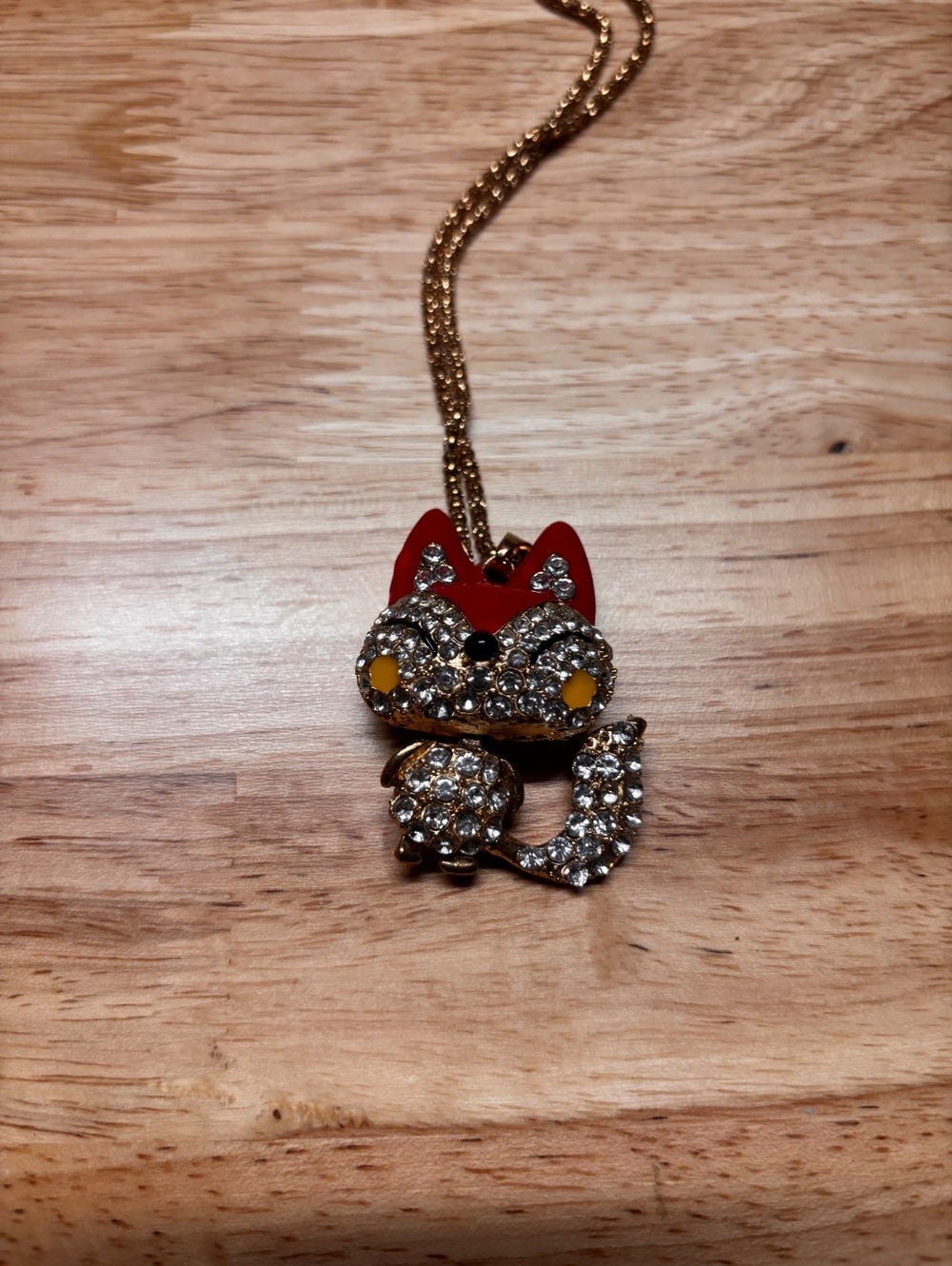 Cute Fox Pendant Necklace with Rhinestones and Red Enamel Accent